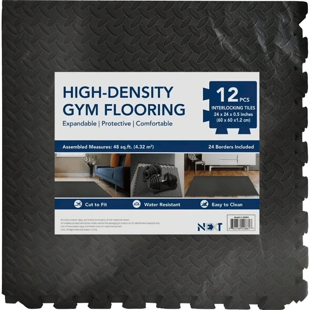 12pcs Interlocking Black EVA Foam Mats for Gym - Non-Slip TPE Exercise Flooring, 48ft Coverage, High-Density, Easy to Install